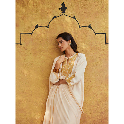 WeaverStory Off-white Pure Silk Tilla Hand Embroidered Kurta With Pants And Dupatta (Set of 3)