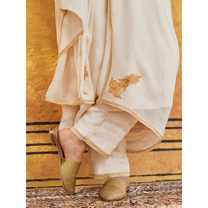 WeaverStory Off-white Pure Silk Tilla Hand Embroidered Kurta With Pants And Dupatta (Set of 3)