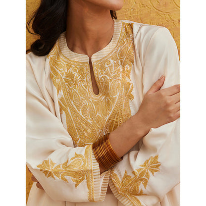 WeaverStory Off-white Pure Silk Tilla Hand Embroidered Kurta With Pants And Dupatta (Set of 3)