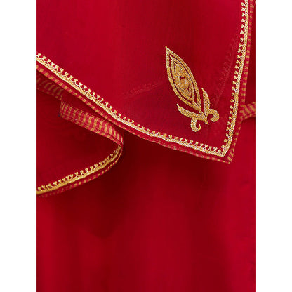 WeaverStory Red Pure Silk Tilla Hand Embroidered Kurta With Pants And Dupatta (Set of 3)