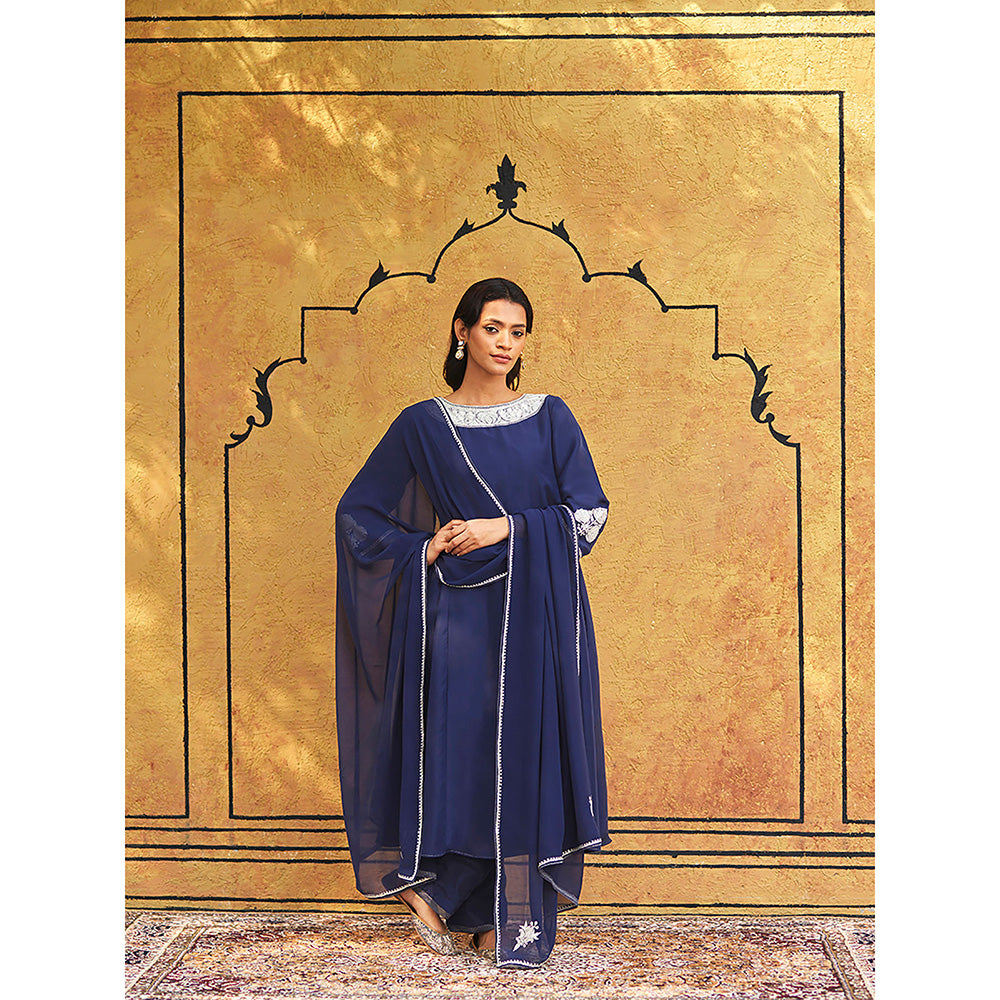 WeaverStory Blue Pure Silk Tilla Hand Embroidered Kurta With Pants And Dupatta (Set of 3)