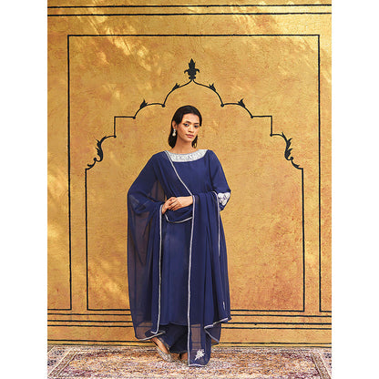 WeaverStory Blue Pure Silk Tilla Hand Embroidered Kurta With Pants And Dupatta (Set of 3)