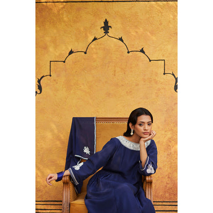 WeaverStory Blue Pure Silk Tilla Hand Embroidered Kurta With Pants And Dupatta (Set of 3)