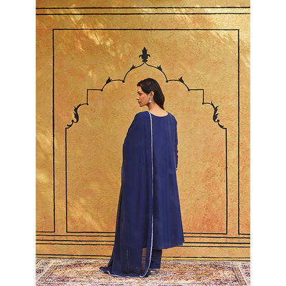 WeaverStory Blue Pure Silk Tilla Hand Embroidered Kurta With Pants And Dupatta (Set of 3)