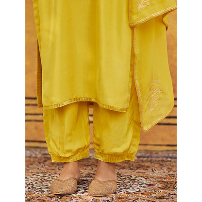 WeaverStory Yellow Pure Silk Tilla Hand Embroidered Kurta With Pants And Dupatta (Set of 3)