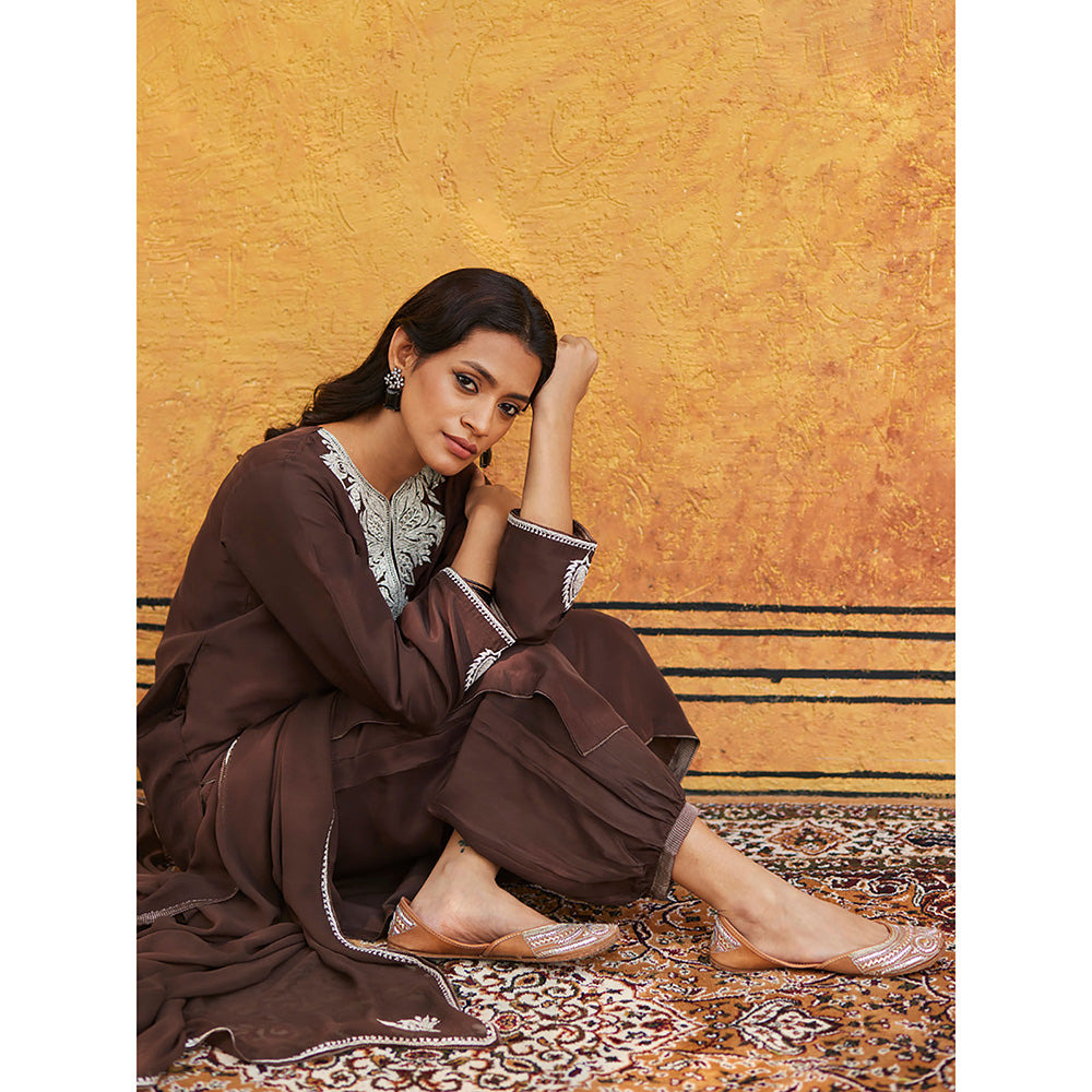 WeaverStory Brown Pure Silk Tilla Hand Embroidered Kurta With Pants And Dupatta (Set of 3)