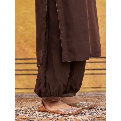 WeaverStory Brown Pure Silk Tilla Hand Embroidered Kurta With Pants And Dupatta (Set of 3)