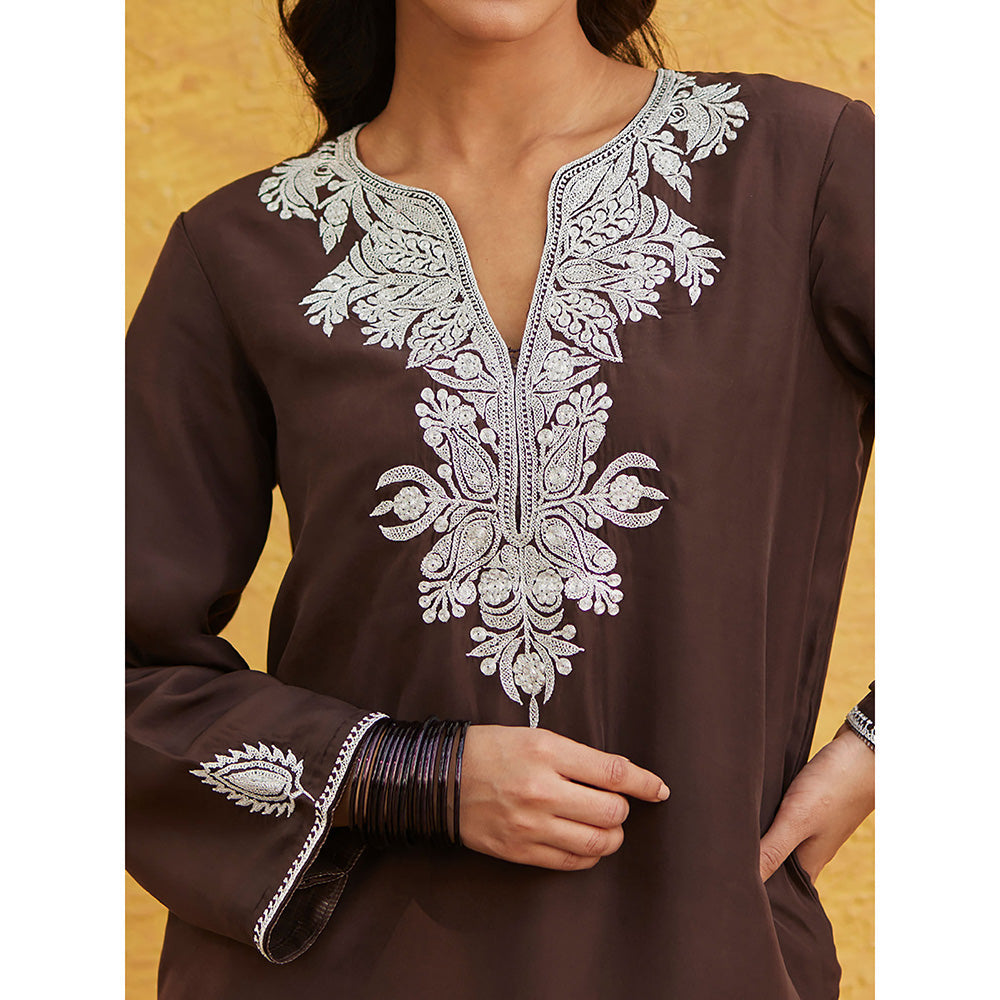 WeaverStory Brown Pure Silk Tilla Hand Embroidered Kurta With Pants And Dupatta (Set of 3)