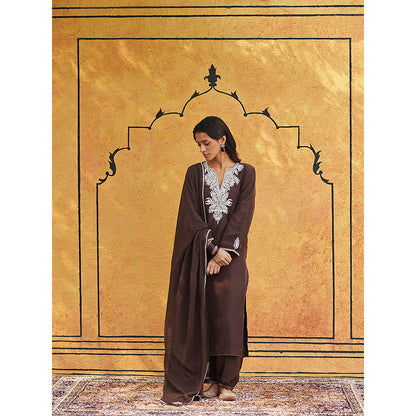WeaverStory Brown Pure Silk Tilla Hand Embroidered Kurta With Pants And Dupatta (Set of 3)
