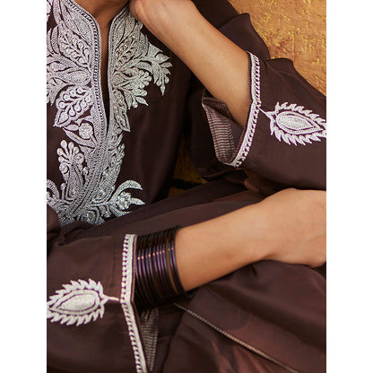 WeaverStory Brown Pure Silk Tilla Hand Embroidered Kurta With Pants And Dupatta (Set of 3)