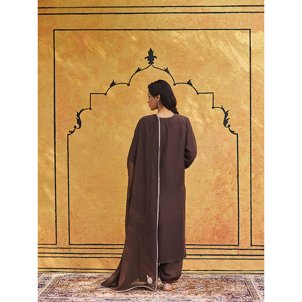 WeaverStory Brown Pure Silk Tilla Hand Embroidered Kurta With Pants And Dupatta (Set of 3)