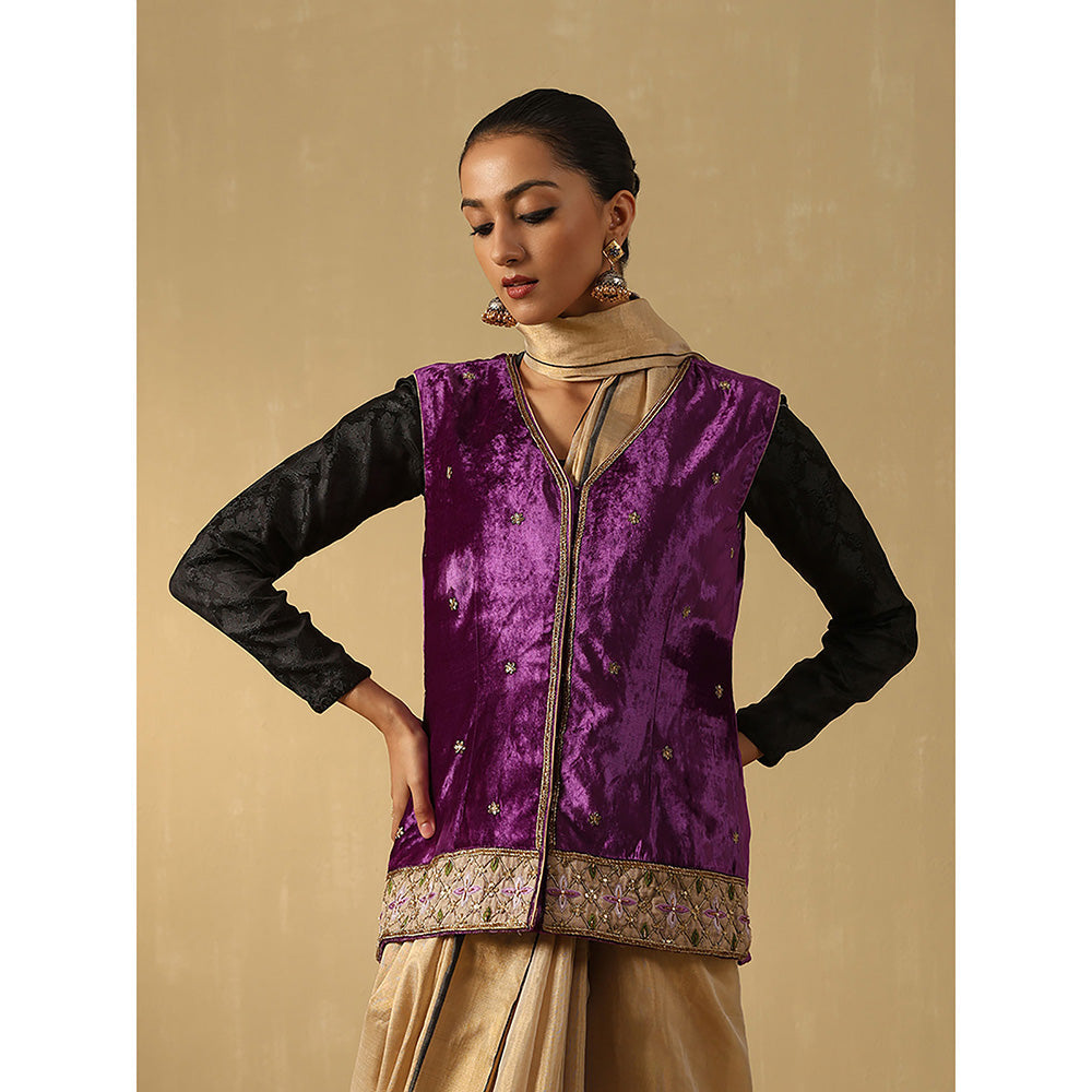WeaverStory Purple Hand Embroidered Zardozi Silk Velvet Sleeveless Jacket