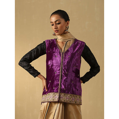 WeaverStory Purple Hand Embroidered Zardozi Silk Velvet Sleeveless Jacket