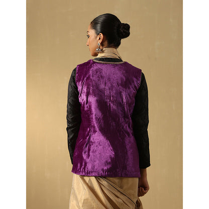 WeaverStory Purple Hand Embroidered Zardozi Silk Velvet Sleeveless Jacket