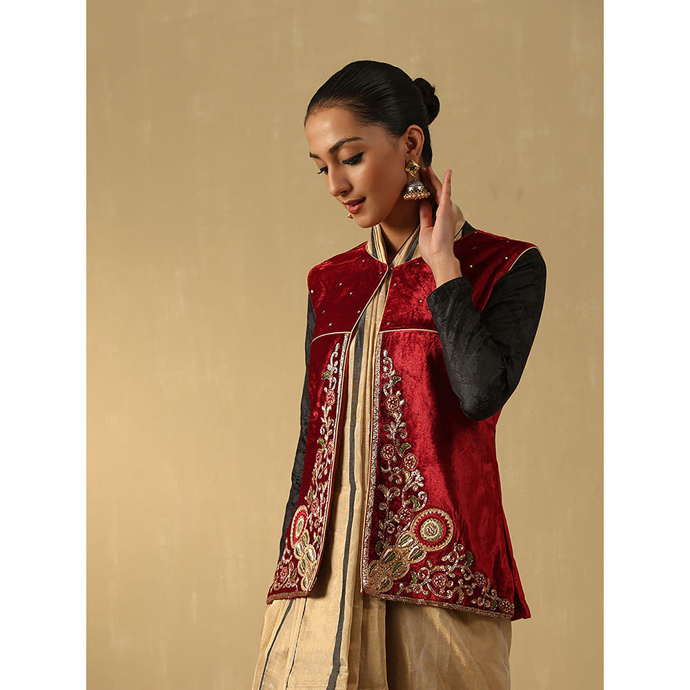 WeaverStory Maroon Hand Embroidered Zardozi Silk Velvet Jacket