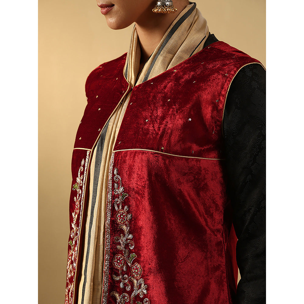 WeaverStory Maroon Hand Embroidered Zardozi Silk Velvet Jacket