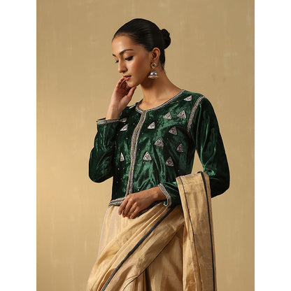 WeaverStory Deep Green Hand Embroidered Zardozi Cropped Velvet Jacket
