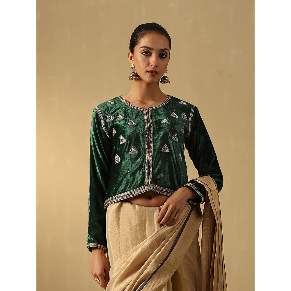 WeaverStory Deep Green Hand Embroidered Zardozi Cropped Velvet Jacket