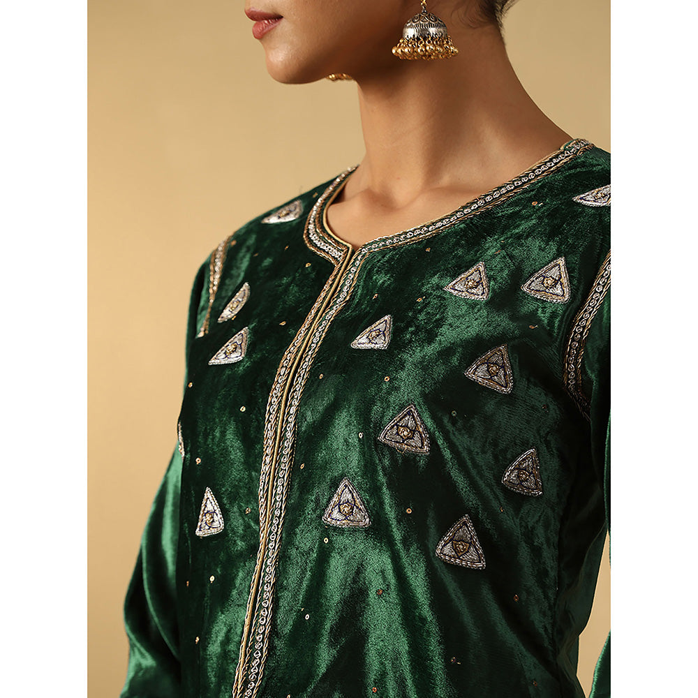 WeaverStory Deep Green Hand Embroidered Zardozi Cropped Velvet Jacket