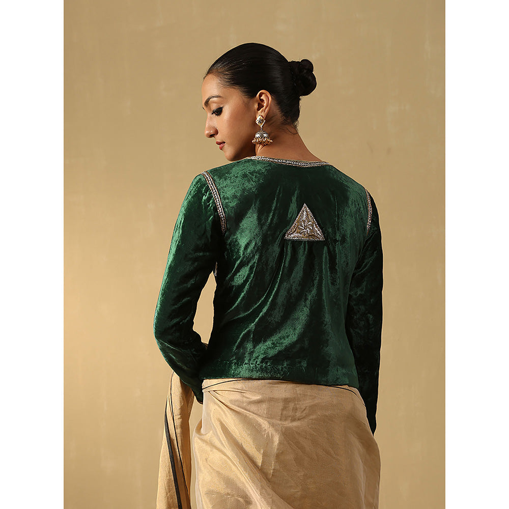 WeaverStory Deep Green Hand Embroidered Zardozi Cropped Velvet Jacket