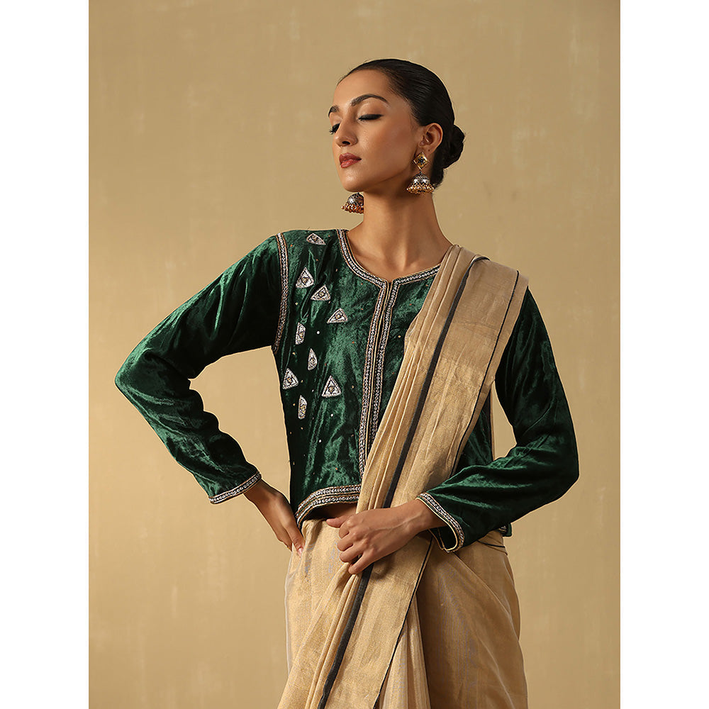 WeaverStory Deep Green Hand Embroidered Zardozi Cropped Velvet Jacket