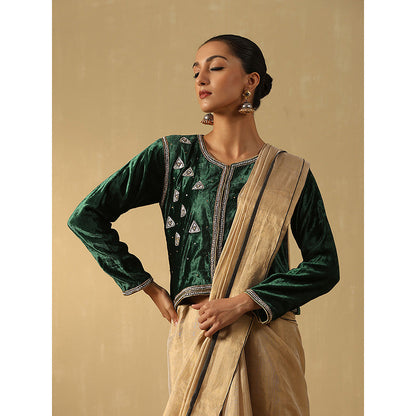 WeaverStory Deep Green Hand Embroidered Zardozi Cropped Velvet Jacket