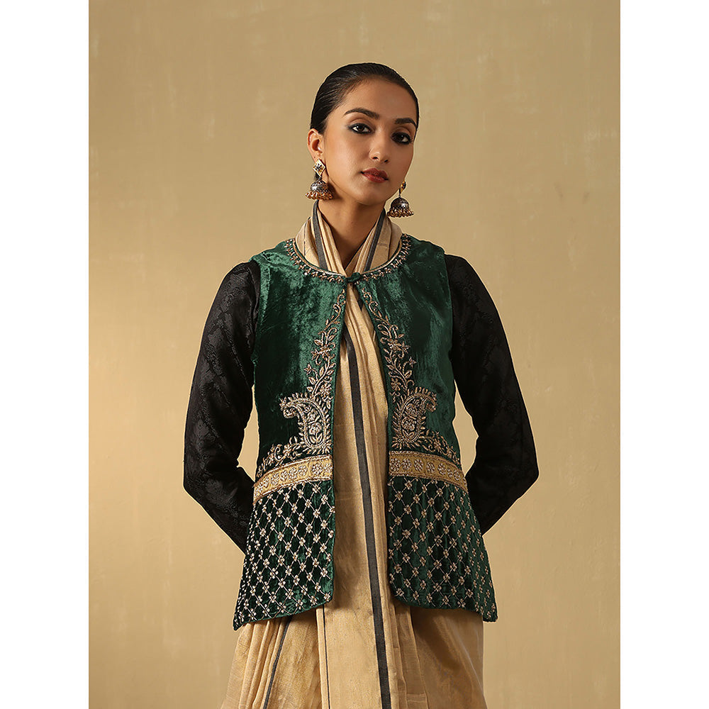 WeaverStory Green Hand Embroidered Zardozi Silk Velvet Jacket
