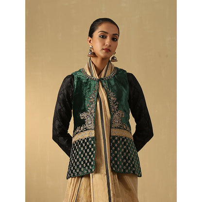 WeaverStory Green Hand Embroidered Zardozi Silk Velvet Jacket