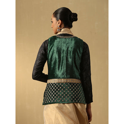 WeaverStory Green Hand Embroidered Zardozi Silk Velvet Jacket