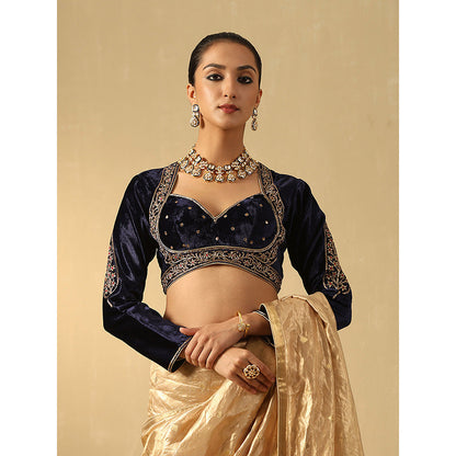 WeaverStory Navy Blue Hand Embroidered Zardozi Silk Velvet Blouse With Resham