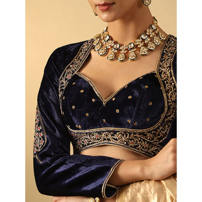 WeaverStory Navy Blue Hand Embroidered Zardozi Silk Velvet Blouse With Resham