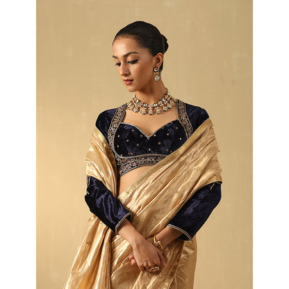 WeaverStory Navy Blue Hand Embroidered Zardozi Silk Velvet Blouse With Resham