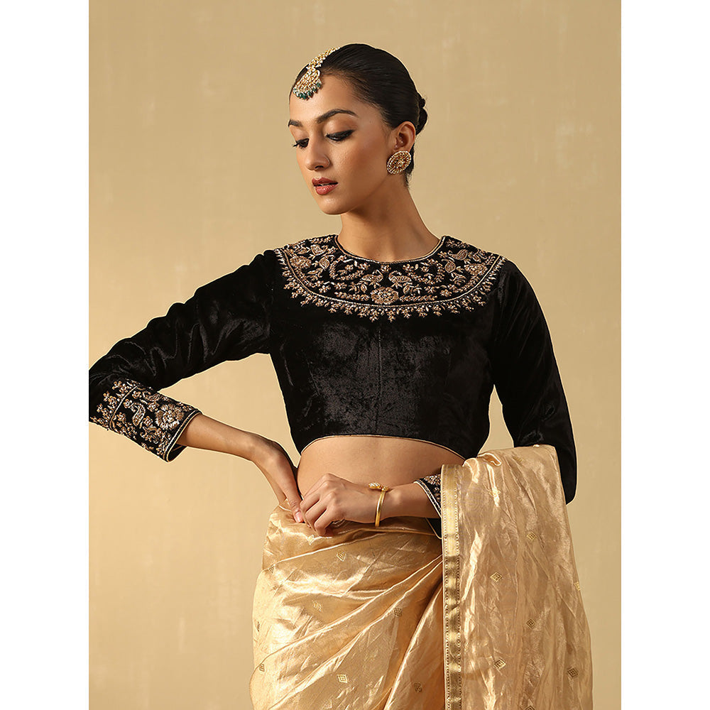WeaverStory Black Hand Embroidered Zardozi Silk Velvet Blouse