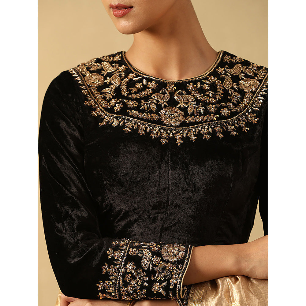WeaverStory Black Hand Embroidered Zardozi Silk Velvet Blouse
