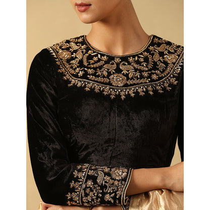 WeaverStory Black Hand Embroidered Zardozi Silk Velvet Blouse