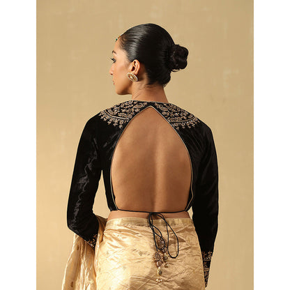 WeaverStory Black Hand Embroidered Zardozi Silk Velvet Blouse