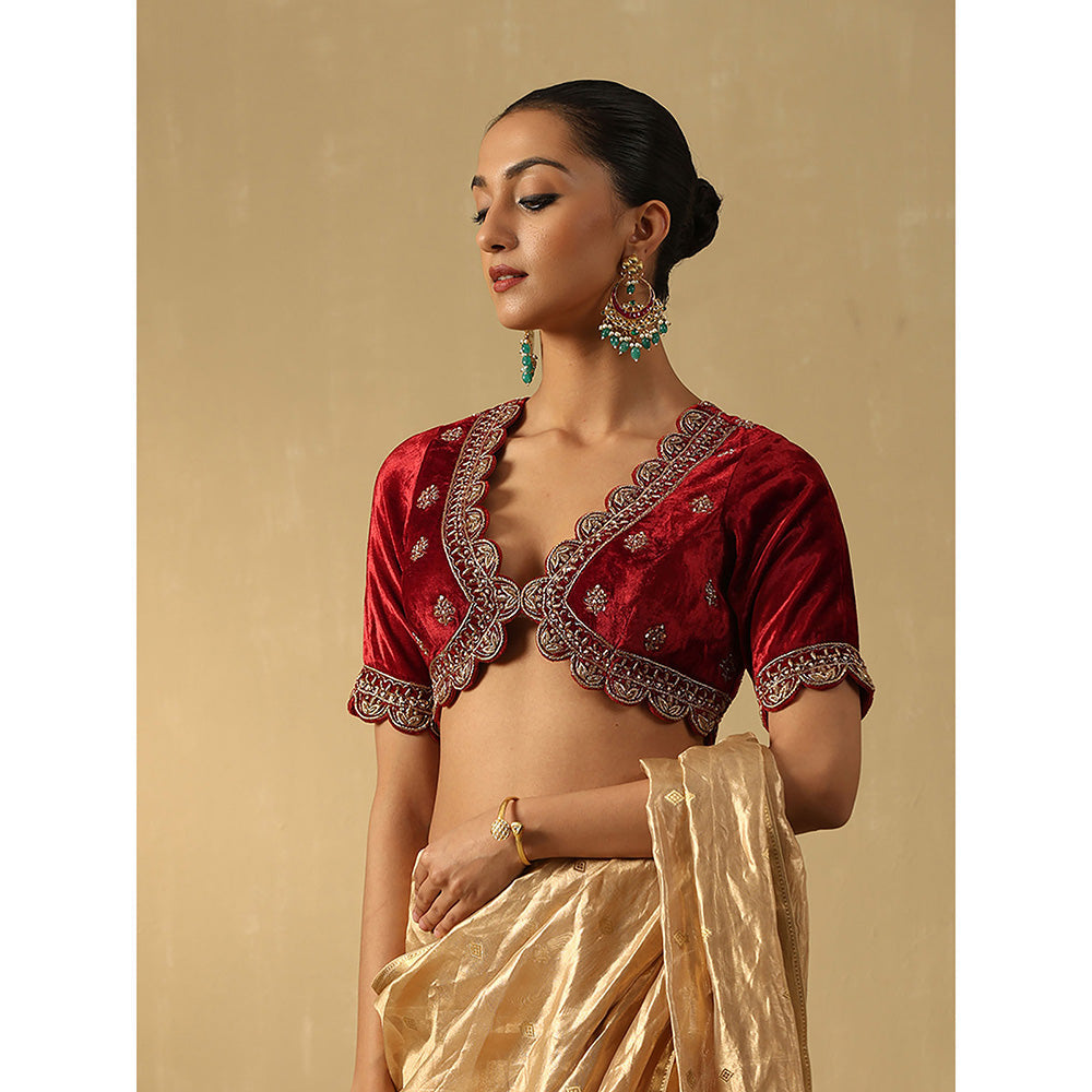 WeaverStory Rust Maroon Hand Embroidered Zardozi Silk Velvet Blouse With Scalloped Hemline