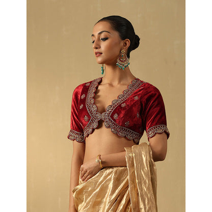 WeaverStory Rust Maroon Hand Embroidered Zardozi Silk Velvet Blouse With Scalloped Hemline
