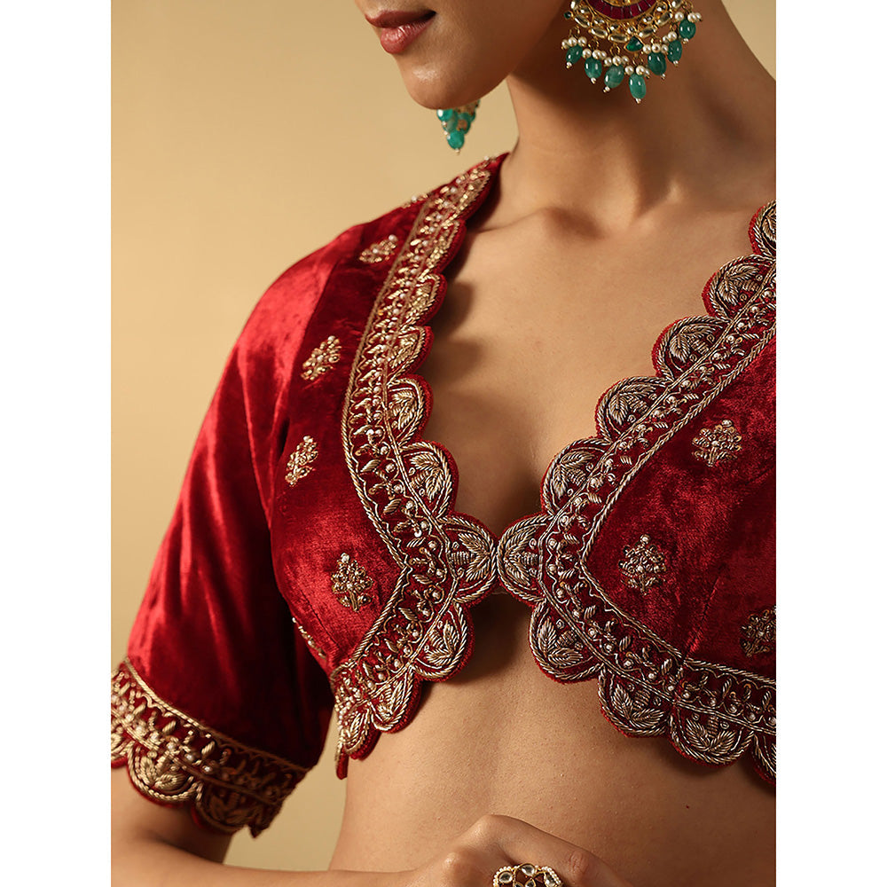 WeaverStory Rust Maroon Hand Embroidered Zardozi Silk Velvet Blouse With Scalloped Hemline