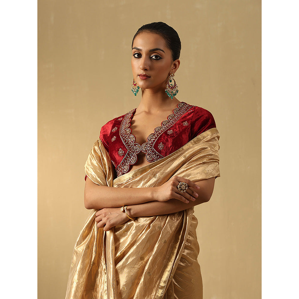 WeaverStory Rust Maroon Hand Embroidered Zardozi Silk Velvet Blouse With Scalloped Hemline
