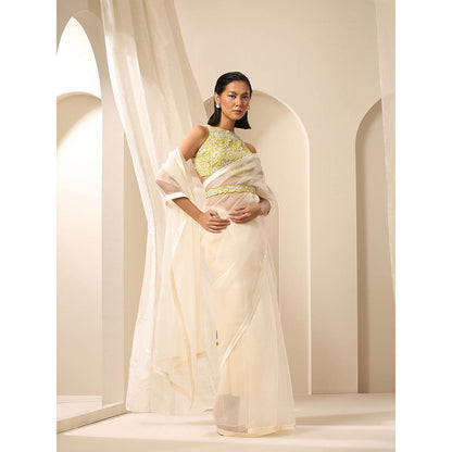 WeaverStory Off white Pure Organza Saree with Unstitched Blouse