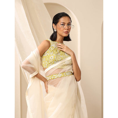 WeaverStory Off white Pure Organza Saree with Unstitched Blouse