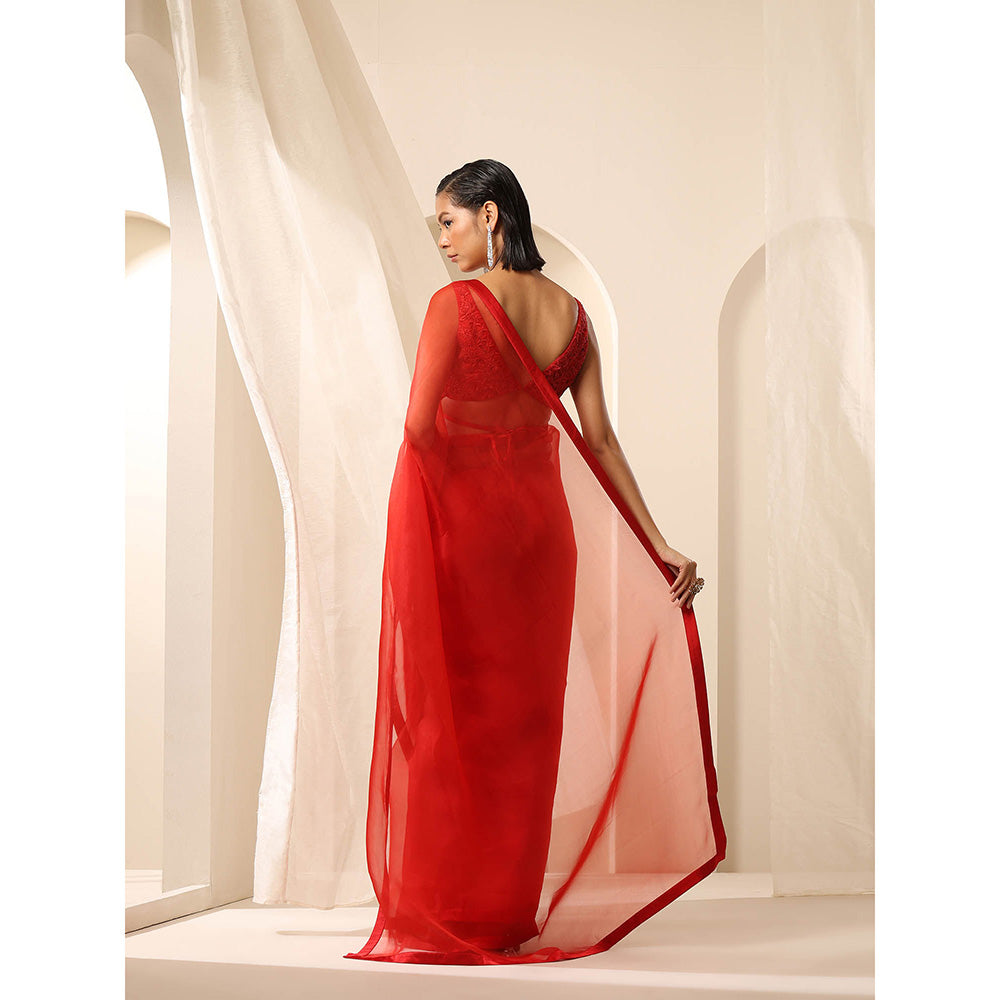 WeaverStory Red Pure Organza Saree with Unstitched Blouse