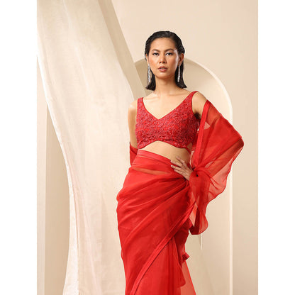 WeaverStory Red Pure Organza Saree with Unstitched Blouse