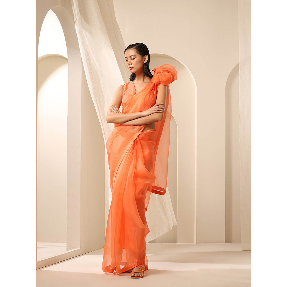 WeaverStory Orange Pure Organza Saree with Unstitched Blouse