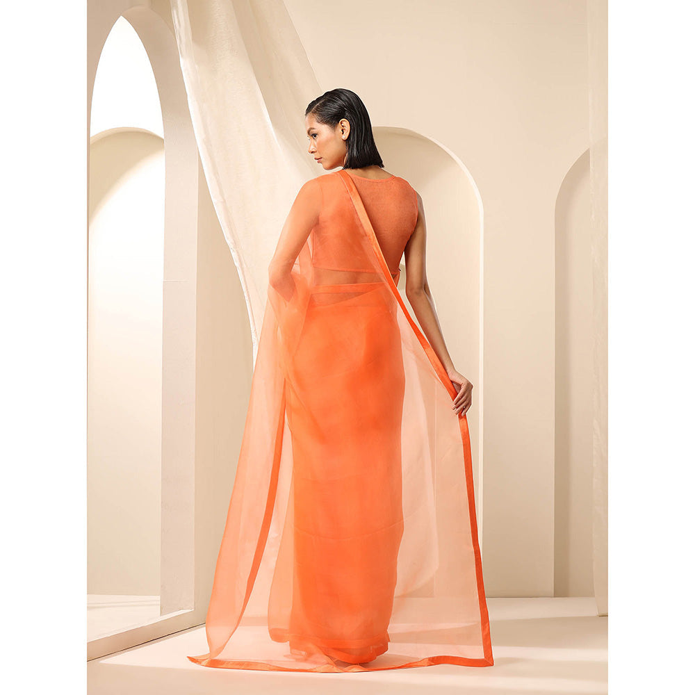 WeaverStory Orange Pure Organza Saree with Unstitched Blouse