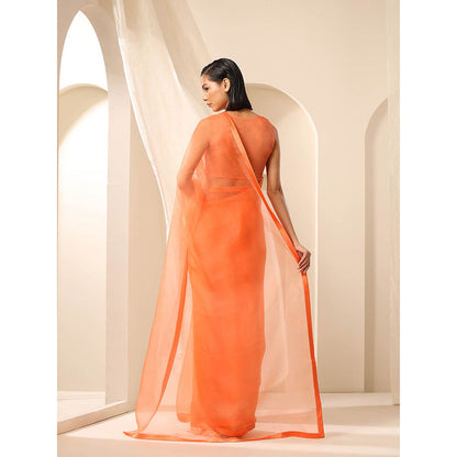 WeaverStory Orange Pure Organza Saree with Unstitched Blouse