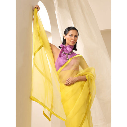 WeaverStory Yellow Pure Organza Saree with Unstitched Blouse