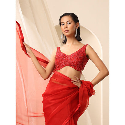 WeaverStory Red V-Neck Sleeveless Net Embroidery Blouse
