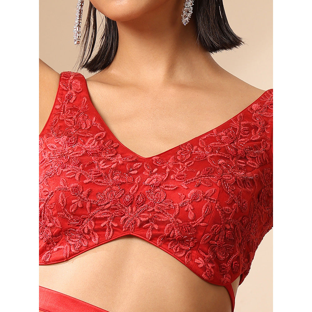 WeaverStory Red V-Neck Sleeveless Net Embroidery Blouse